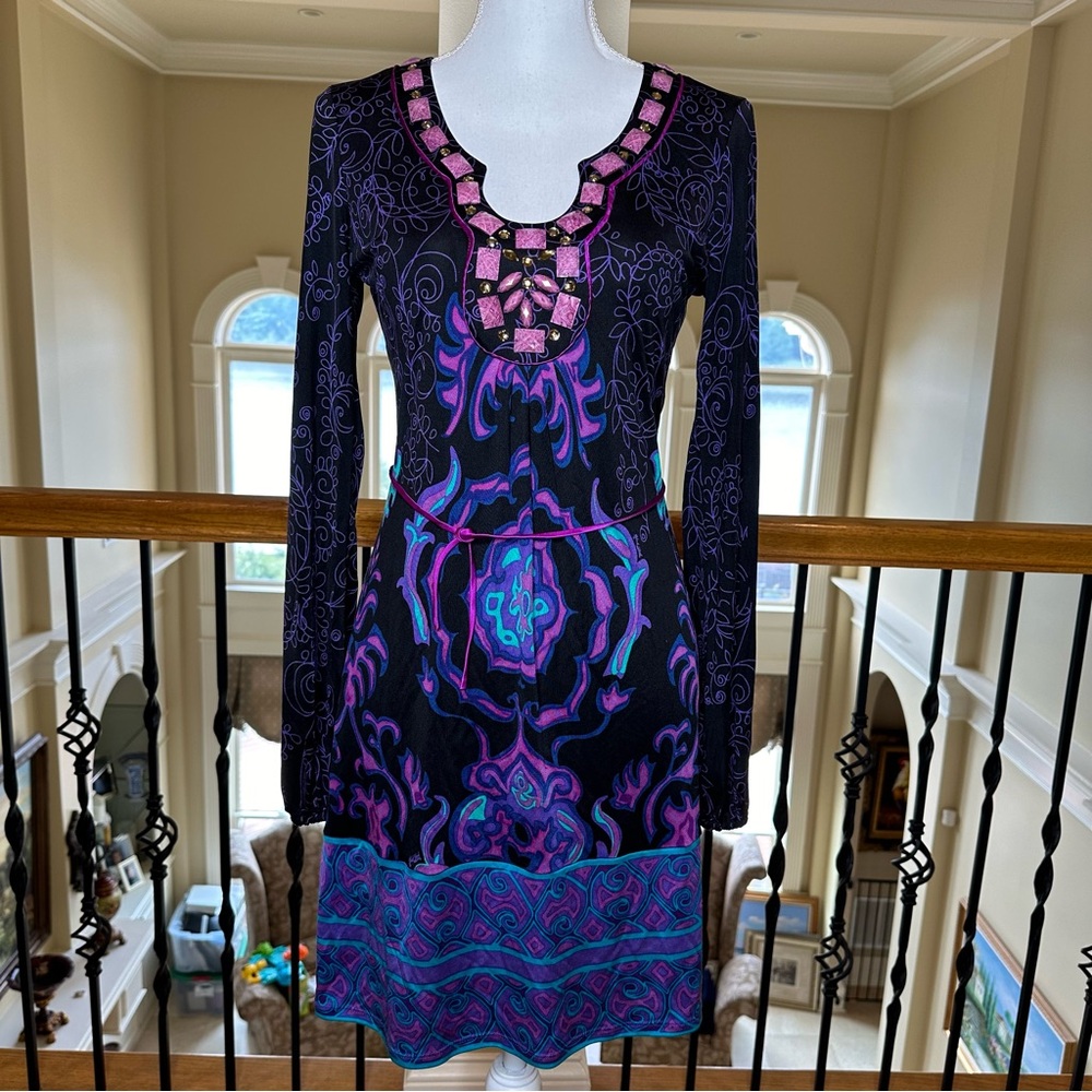 Hale Bob, 100% Silk, Gem-Embellished Tunic Dress. Size S
